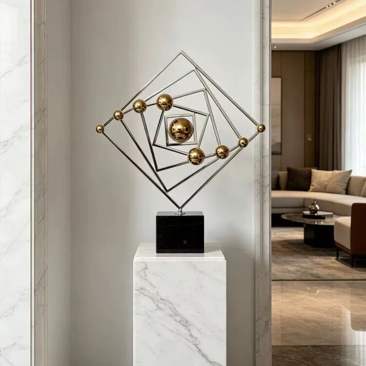 Room decor items Modern luxury stainless steel geometric ornaments Hotel lobby diamond shaped metal ball sculpture decorations