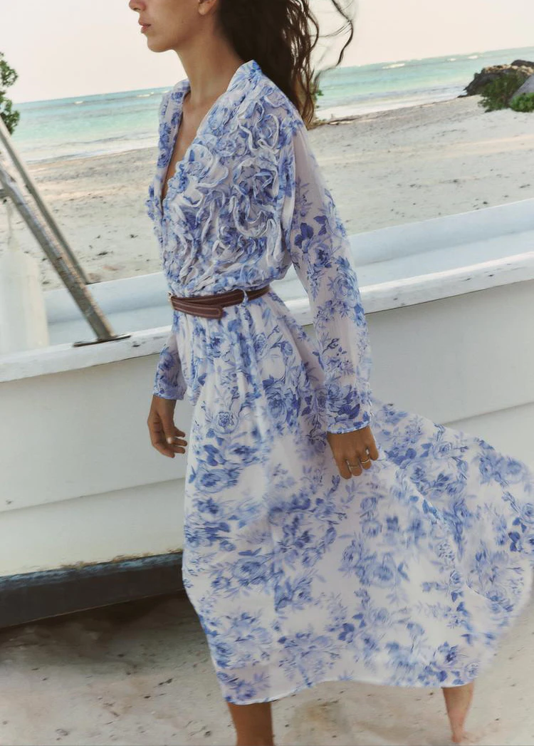 Spring Summer New Sle Vaion Print Long Sve V-Ne Belted Layered Decorative Dr High Waist Lantern Sve Maxi Dr