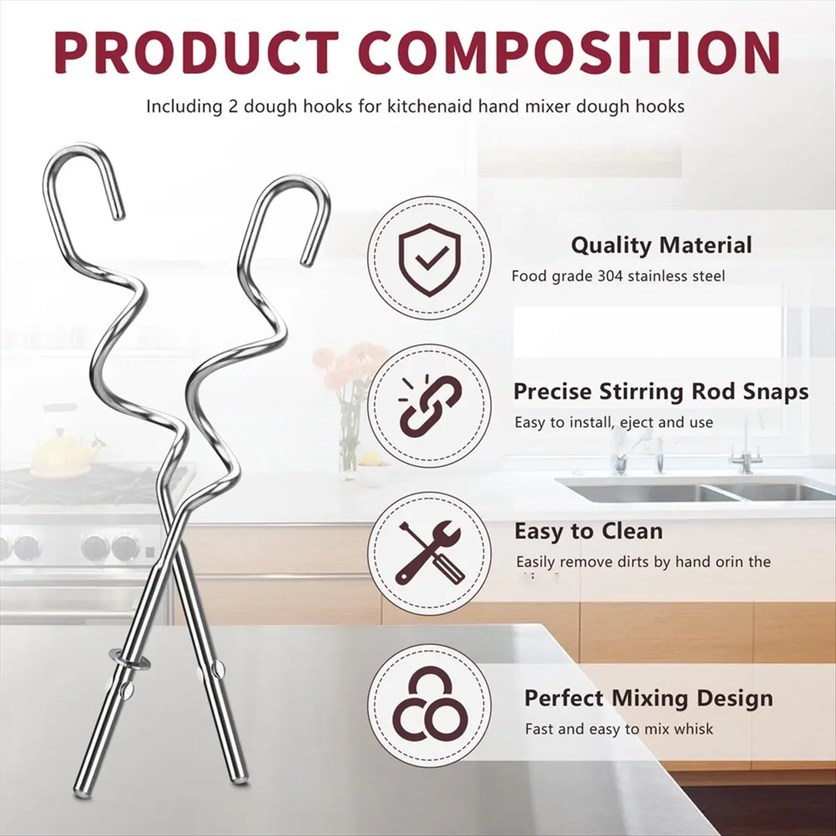 AA77 NEW Dough Hook for Hand Mixer Replacement for Hand Mixer Dough Hooks KHM512, Stainless Steel Dough Hooks