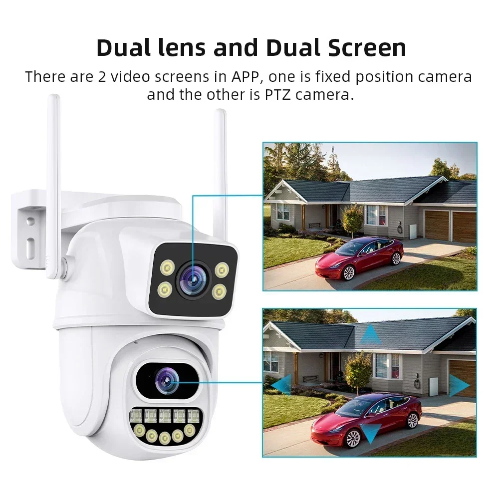 4K 8MP HD WiFi PTZ IP Camera Outdoor Dual Lens Dual Screen Auto Tracking IP Camera CCTV Audio Video Surveillance Camera iCSee
