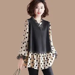 Camicette a pois in pizzo impiombato con stampa di moda abbigliamento donna 2023 autunno inverno magliette Casual allentate camicie a maniche da principessa