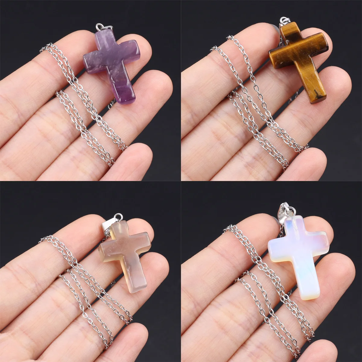 Cross  Natural Stone  Amethyst Agate Opal Exquisite Gem Pendant  Metal Chain Jewelry Accessories Gift 25x18mm