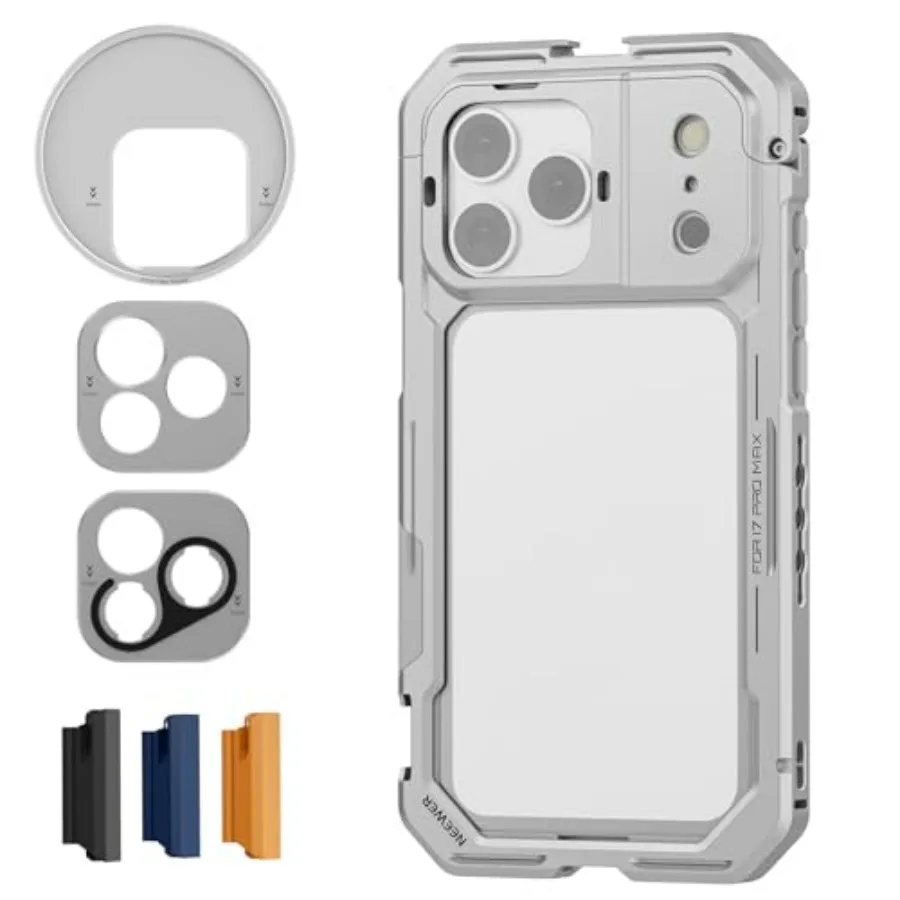 

Клетка NEEWER для iPhone 17 Pro Max с кольцом для фильтров 67 мм, задней панелью для объектива 17 мм, адаптером T-Mount и 4X заглушкой для управления камерой, серебристая