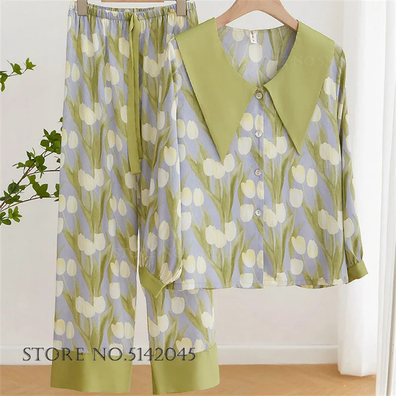 

Elegant Print Flower Pajamas Set Women's Sleepwear Loungewear Spring New Ice Silk Pijamas Trouser Suit Sweet Loose Homewear