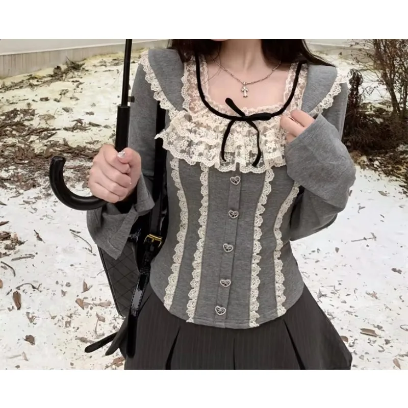Women Sweet Long Sleeve Blouse Lace Ruffles Patchwork Slim Bow Lace Up Y2K Autumn Winter Top