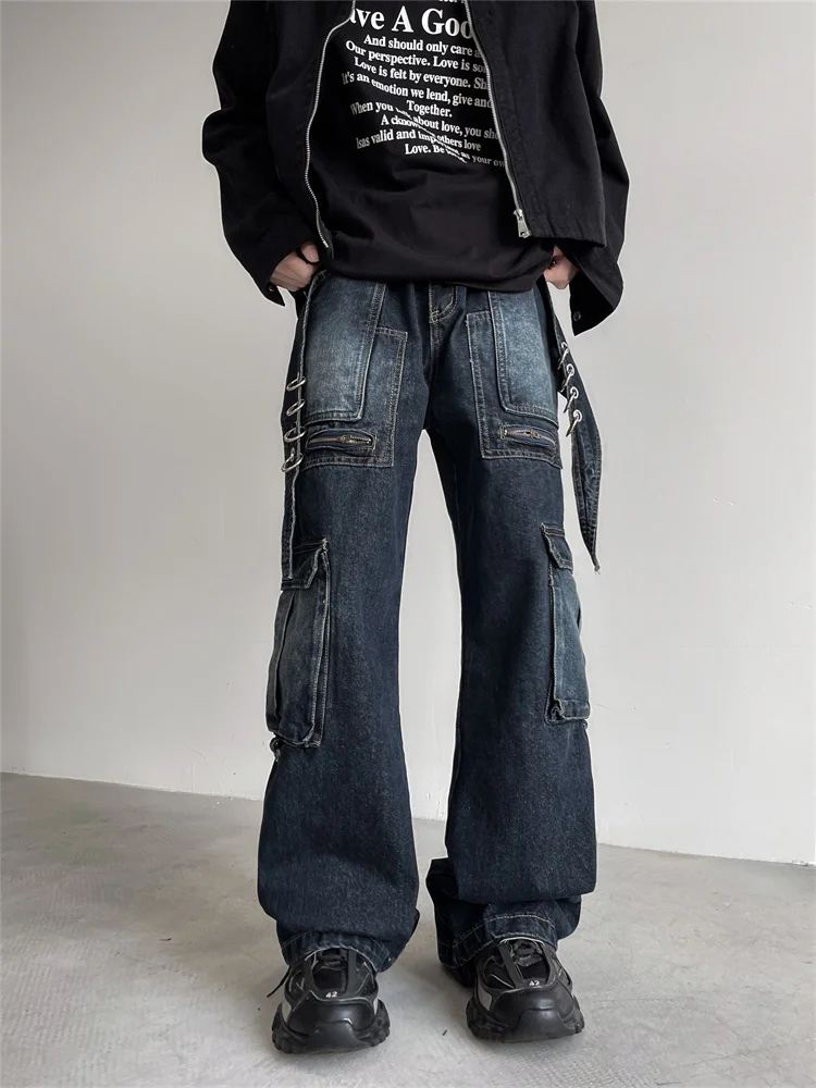 

Loose Straight Leg Men's Jeans High Street 3D Multi-Pocket Deconstructed Denim Pants Vintage American Drapey Trousers