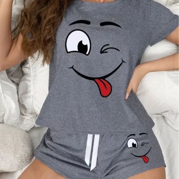 Women Cute Smile Face Print Pajama Set 2PCS Short Sleeve Top Shorts Sleepwear Loungewear Soft Cotton Homewear Summer Nightwear