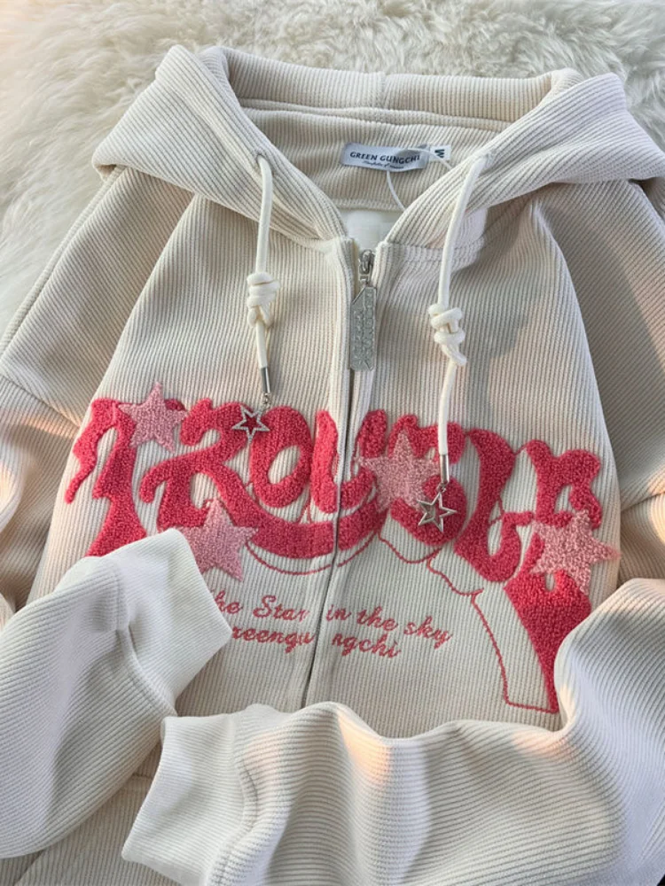 2024 Women American Retro Graphic Hooded Sweatshirts Vintage Streetwear Zip Up Tops Oversized Star Graphics Print Hoodies