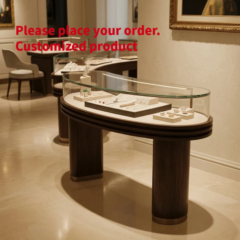 custom.Custom Curved Wooden Jewelry Display Cabinet High End Glass Jewellery Showcase With LED Light Luxury Jewelry Shop Counter