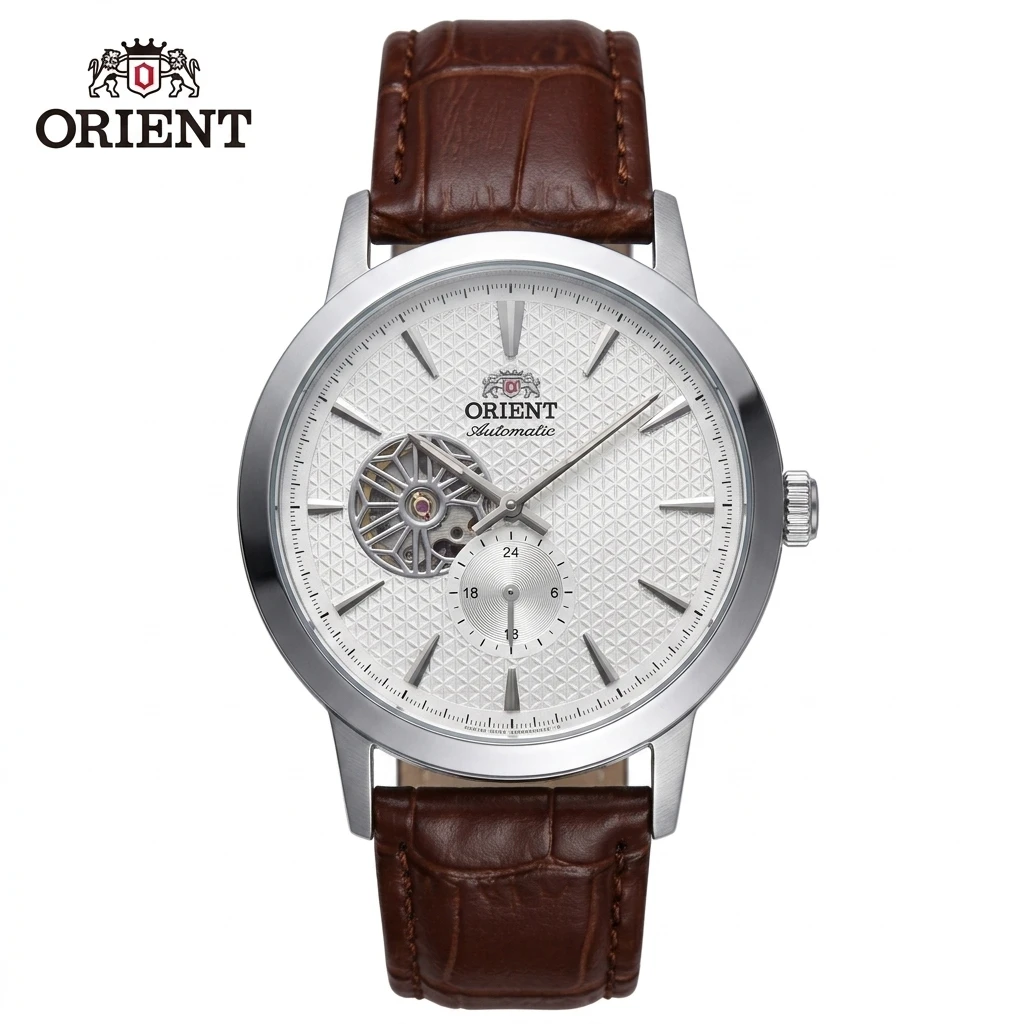 Orient Japan Men Business Self-Winding Mechanical Watch, Skeleton Dial 24 Hour Small Second Waterproof Leather Strap Wristwatch