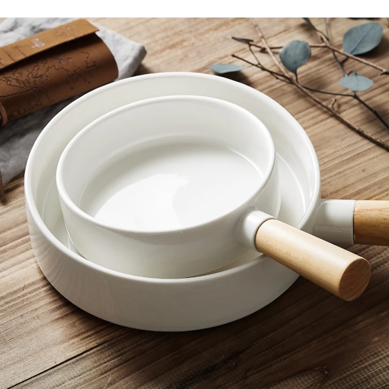 Ceramic Fruit Salad Plate Wooden Handle Snack Dessert Bowl Home Kitchen Solid Color Tableware Cooking Soup Basins