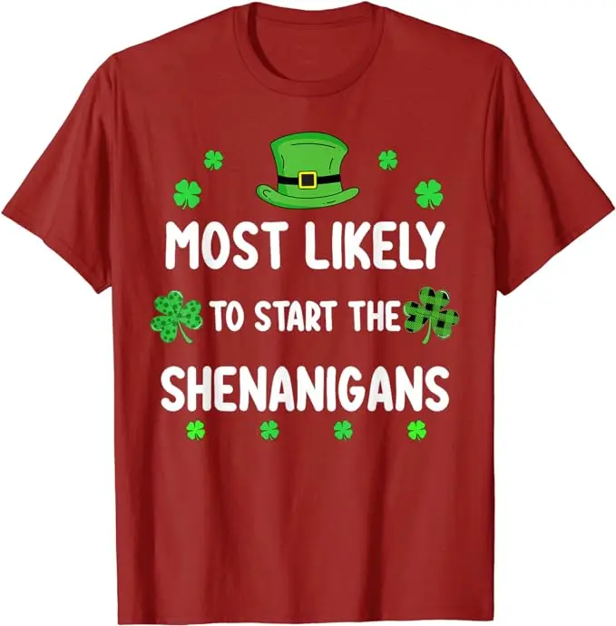 St Patricks Day Shamrock Most Likely To Start The Shenanigan T-Shirt Leopard Shamrock Graphic Tee Tops Family Matching Clothes