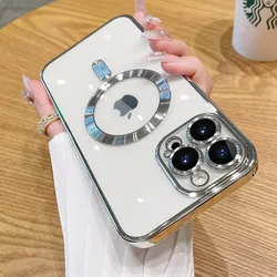 Luxury Wireless Charge Magsafe Phone Case For iPhone 15 14 13 12 11 Pro Max XR X XS Max Transparent Case With Lens Protector