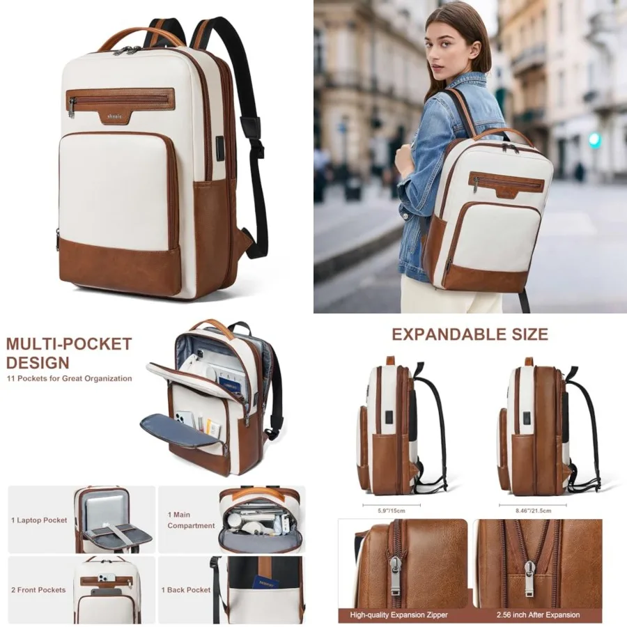 

Leather Laptop Backpack for Women and Men, 28 L Travel Backpack Computer Bag Fits 16 inch Laptop, Expandable Casual Daypack wit