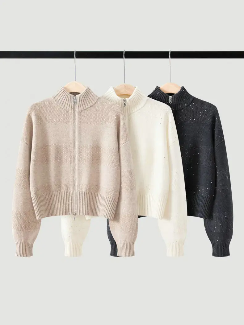 2026 Autumn Winter New Stand-up Collar 100% Wool Sequin Zipper Knitted Cardigan Sweater Jacket