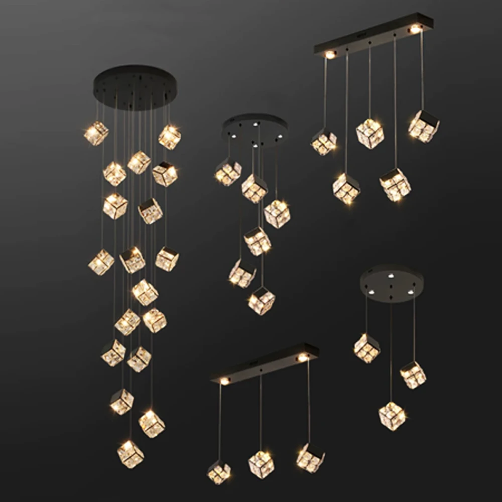 

Modern LED cube crystal staircase pendant lamp, suitable for lobby and bar decoration, height adjustable, gold colour