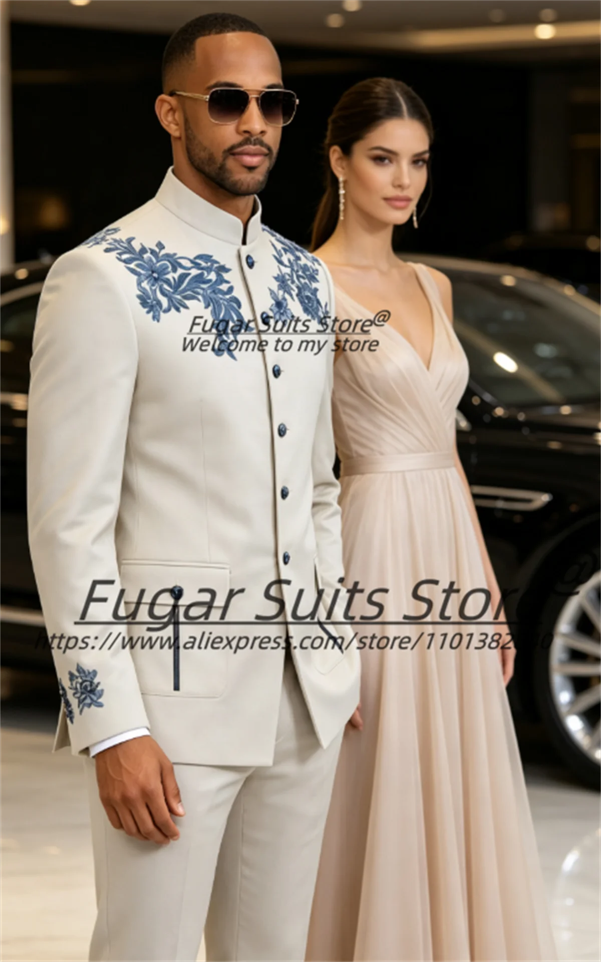 Beige Stand Collar Men Suits Fashion Blue Floral Embroidery 2 Piece Sets Luxurious Groom Prom Tuxedos Male Formal Party Blazers