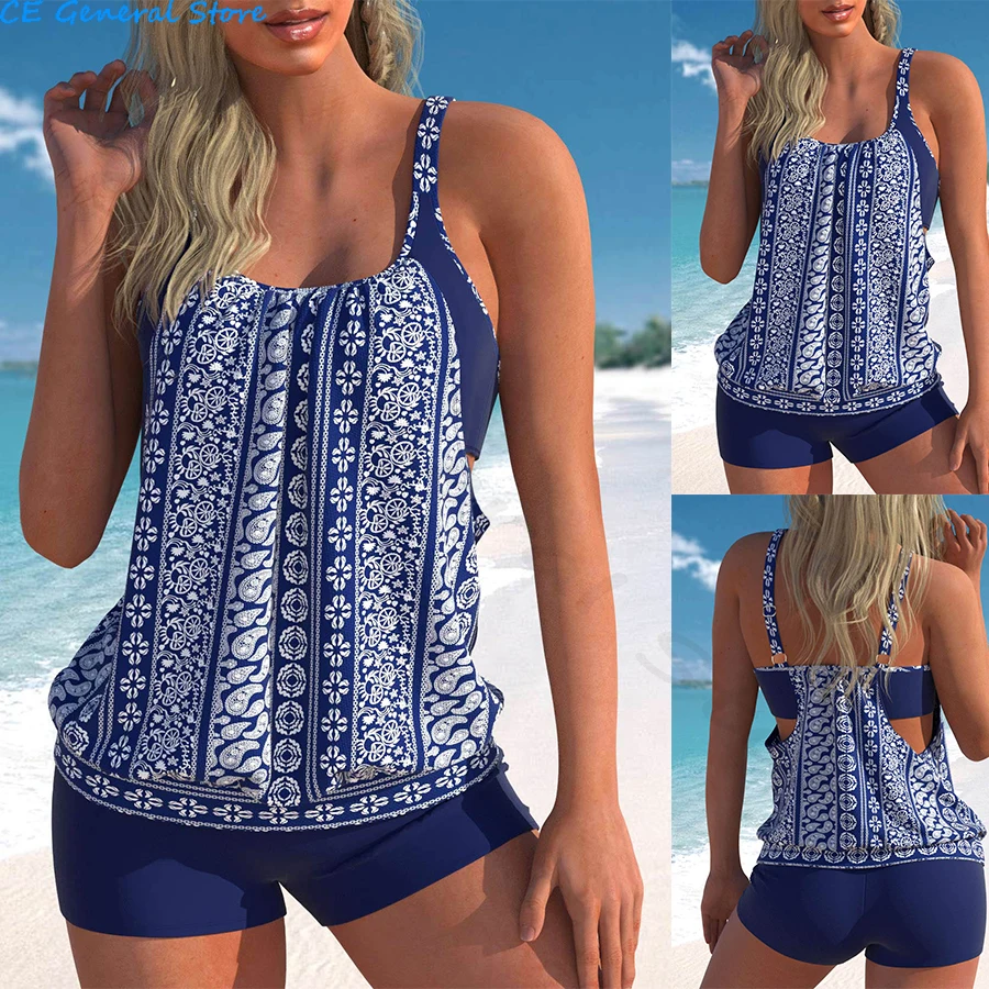 New Summer Women's Deep Blue Vintage Flower Print Two Piece Swimsuit Lace Up Hollow Sexy Beach Swimsuit S-6XL