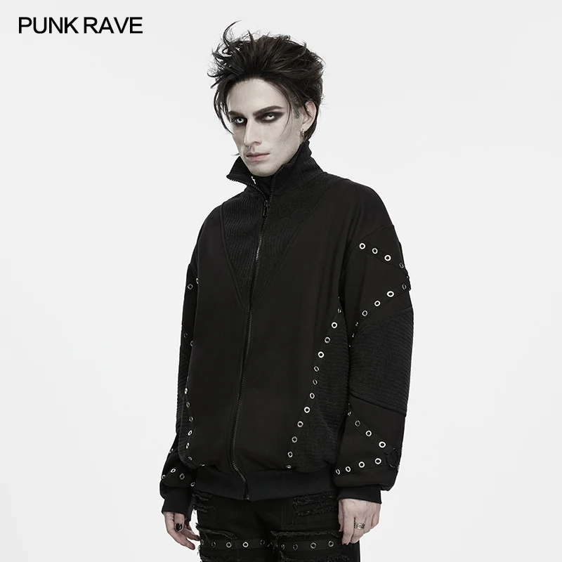 PUNK RAVE Men's Punk Etched Loose Drop-shoulder Webbing Jacket Create A Lazy Dark Stand-collar Zip-up V-shaped Segmentation Coat