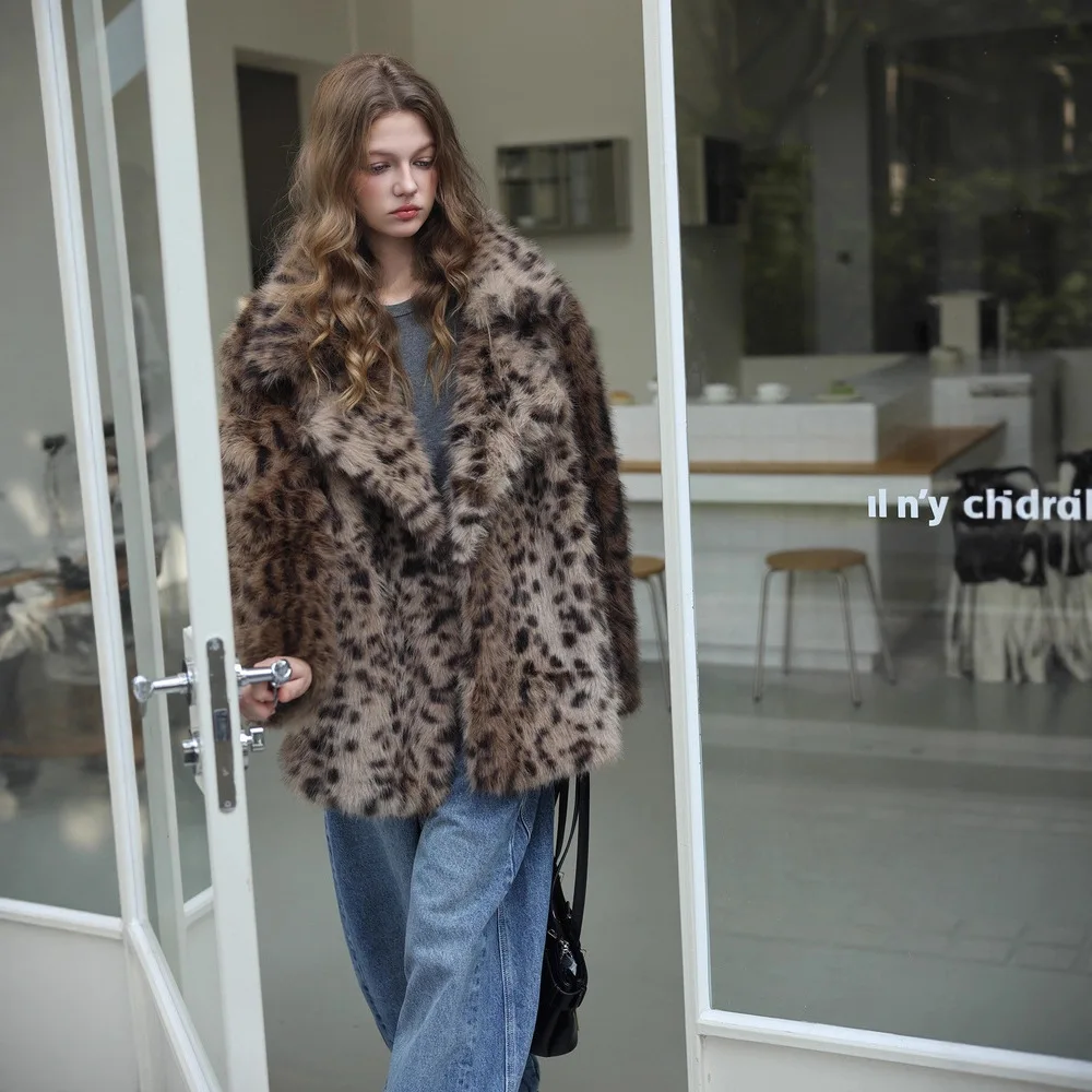 

Женская верхняя одежда из меха норки, зимняя уличная женская шуба из искусственного меха с леопардовым принтом, пушистая женская куртка из искусственного меха, средней длины, костюм с воротником