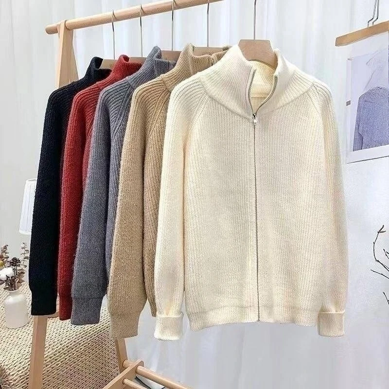 

Korean turndown collar zipper knitted cardigan women's 2025 autumn winter loose outer wear lazy wind lapel sweater jacket coats