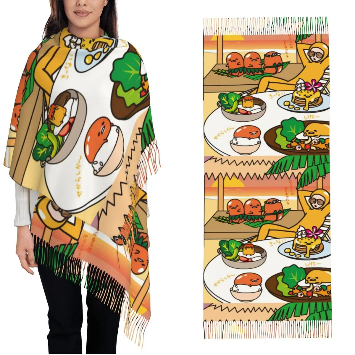 Damessjaal met kwastje Gudetama schattig ei cartoon grote winter warme sjaal wrap geschenken pashmina sjaals