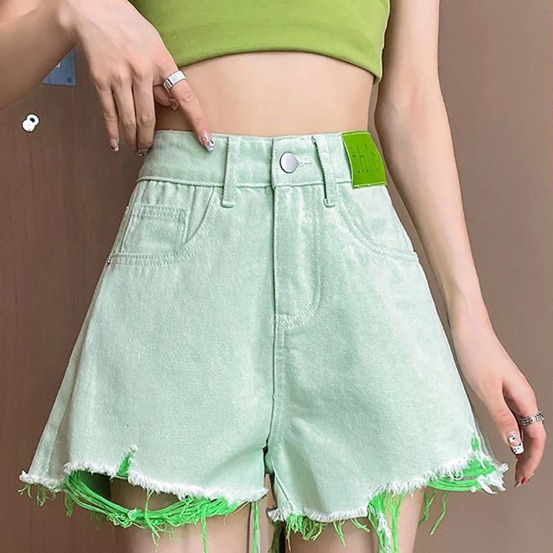 Straight Leg Three-Quarter Pants Light Green Ripped Denim Shorts Women's Summer Thin New High Waist Loose Wide Leg Hot Pants