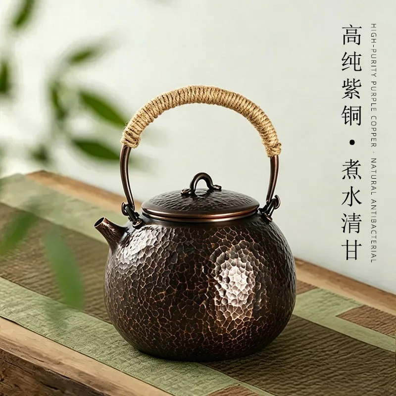 Handmade Antique‑Finished Pure Copper Kettle Hammered Texture Rope Handle For Electric Stove Chinese Tea Home