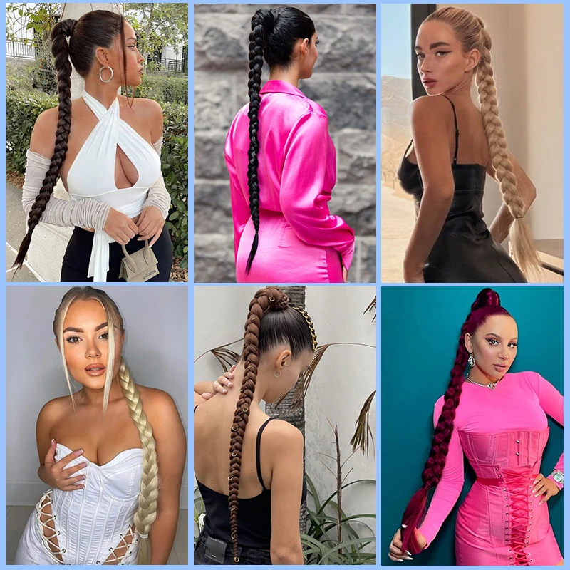 Long Braid Ponytail for Women Pink Hair Braided Pony Tail with Rubber Band Synthetic Hairpiece Wrap Around Horse Tail Extensions