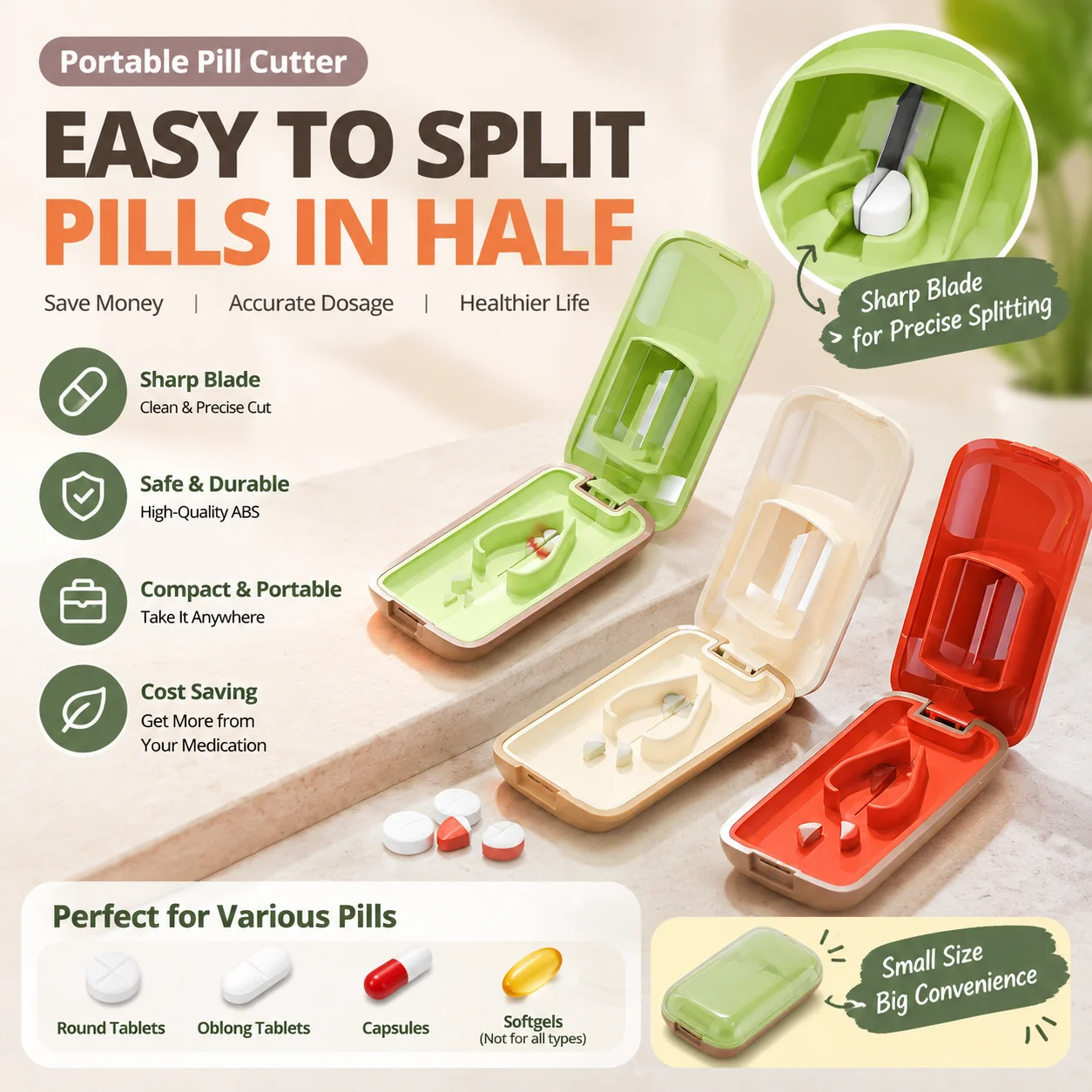 Japanese Style Pill Cutter 1/2 1/4 Tablet Splitter Portable Mini Pill Box With Storage Medicine Organizer Gift Tool