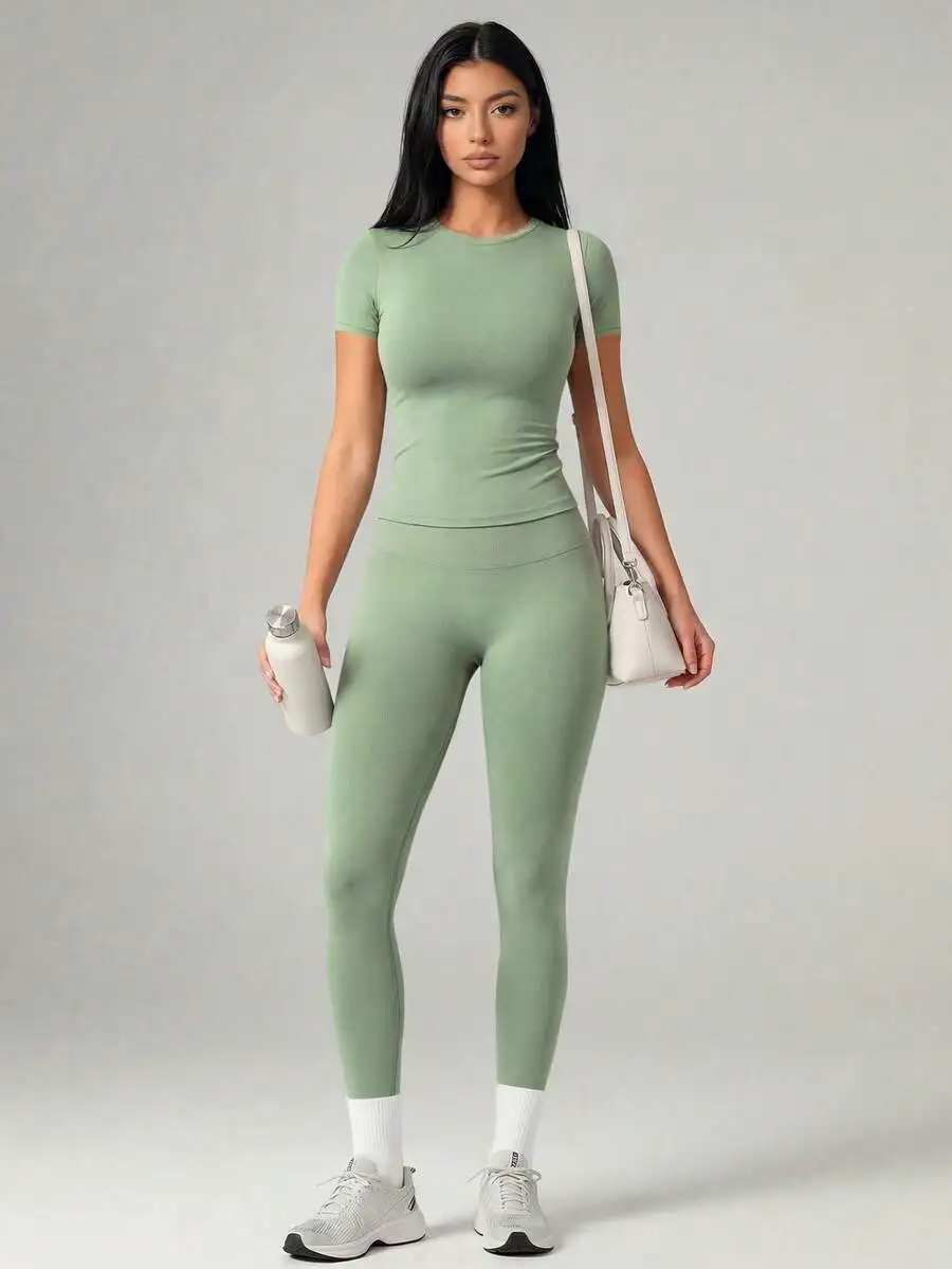 

Womens Crew Neck Short Sleeve Top And High Waisted Yoga Sports Pants Set
