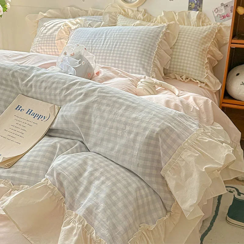 Korean Grid Printed Bedding Set with Lace Washed Cotton Skin Friendly Cozy Comforter Cover Sets Single Double Queen Bedclothes