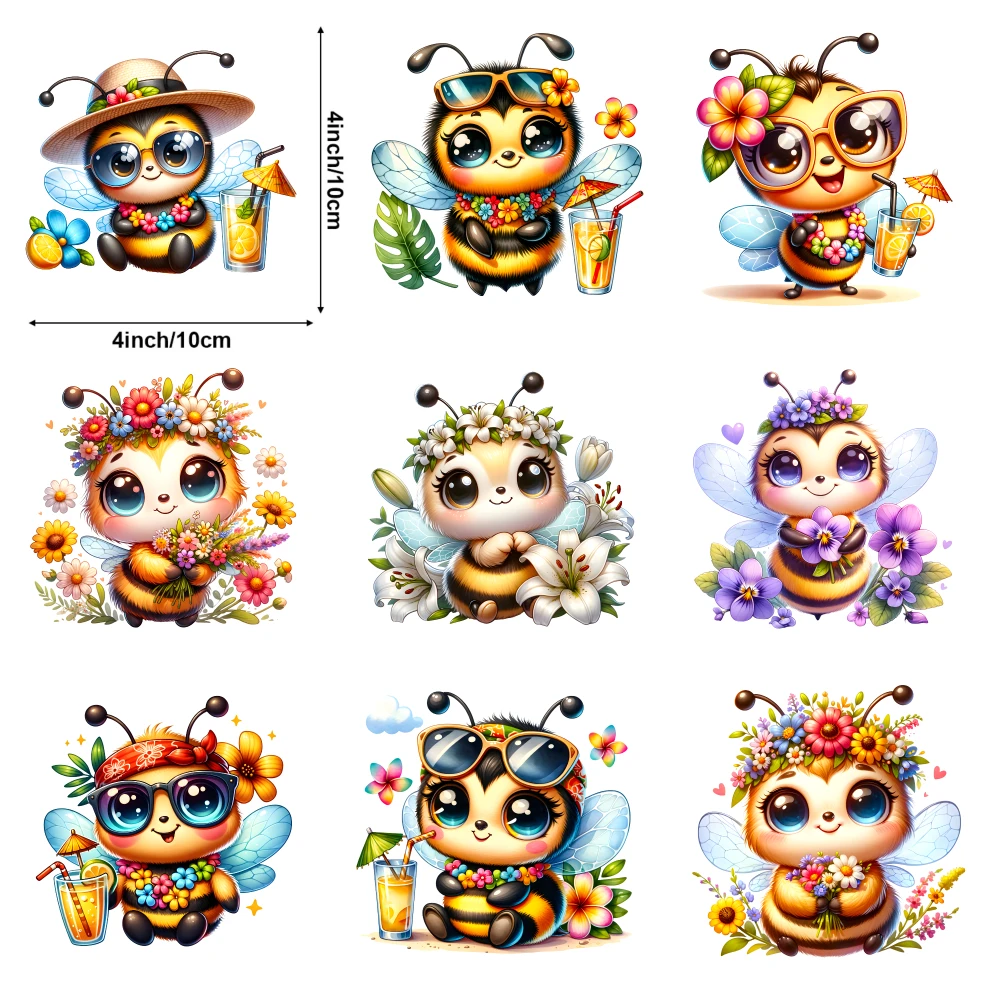 9 Pcs Cute Bee Iron on Transfers Press Washable Stickers iron on decals for clothing, T-shirts, jeans, backpacks, hats, pillows.