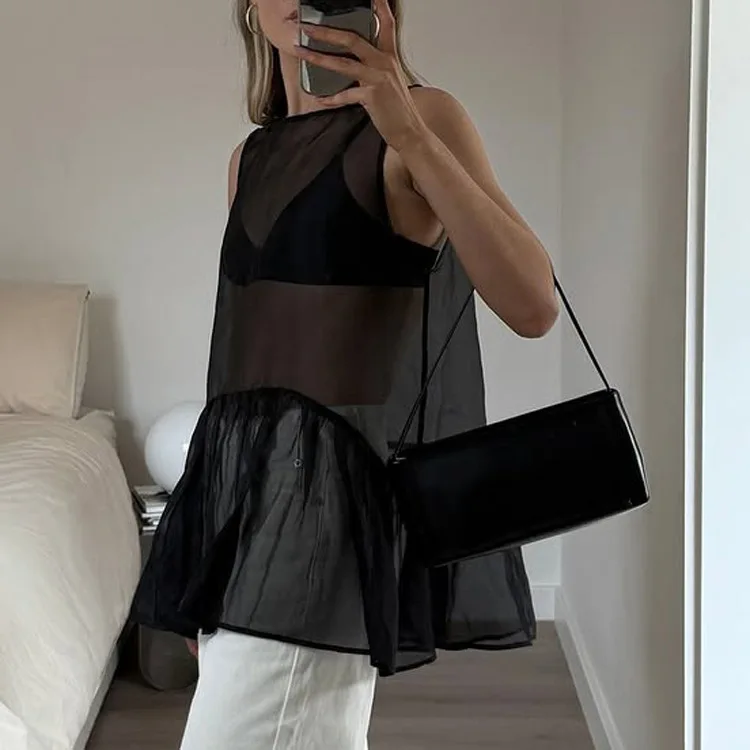Women's Loose See-through Sleeveless round Neck Sexy Black Top Fashionable Summer Hot Girl Transparent V-neck Long Sleeve Coat