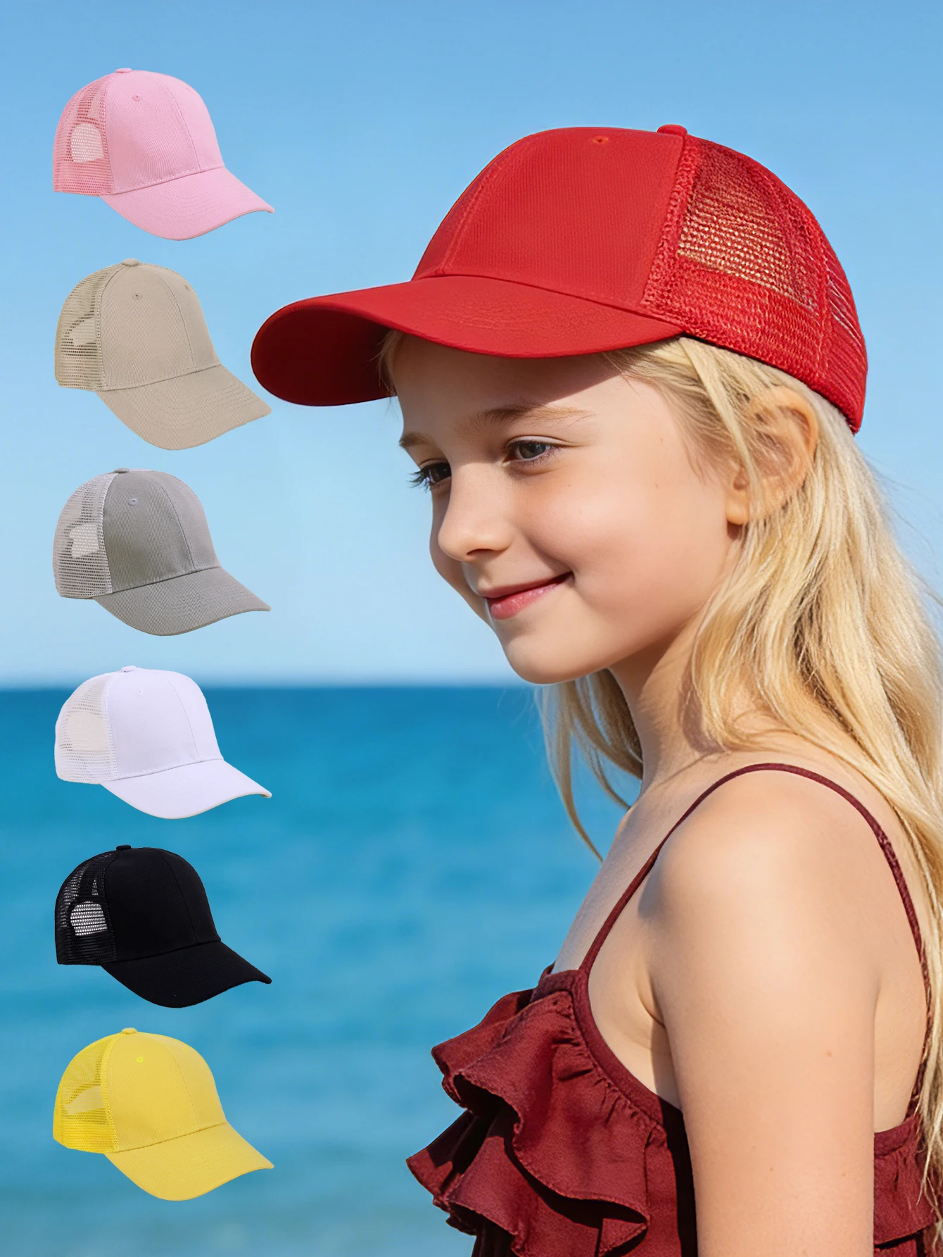 

1 pc solid color mesh baseball cap, adjustable outdoor casual hat, suitable for girls and boys aged 3-8, travel sun protection