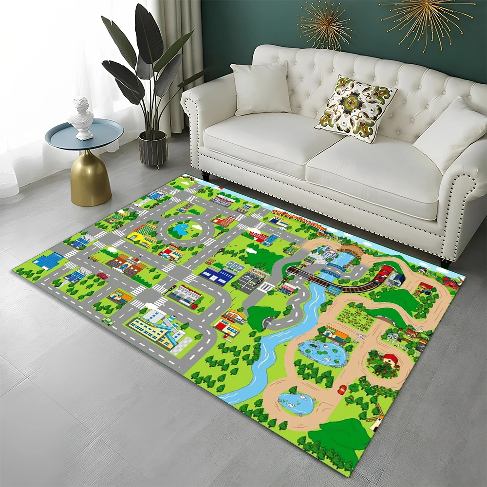 Highway City Child Playmat Traffic Playroom Carpet Rug for Home Living Room Bedroom Doormat Decor, Area Rug Non-slip Floor Mat