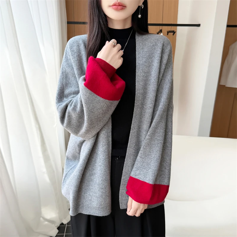 Extra Large Coat Autumn Winter Thickened Cardigan100% Merino Wool Knit Paired Casual Color Blocked Tops Fashion Korean Version..