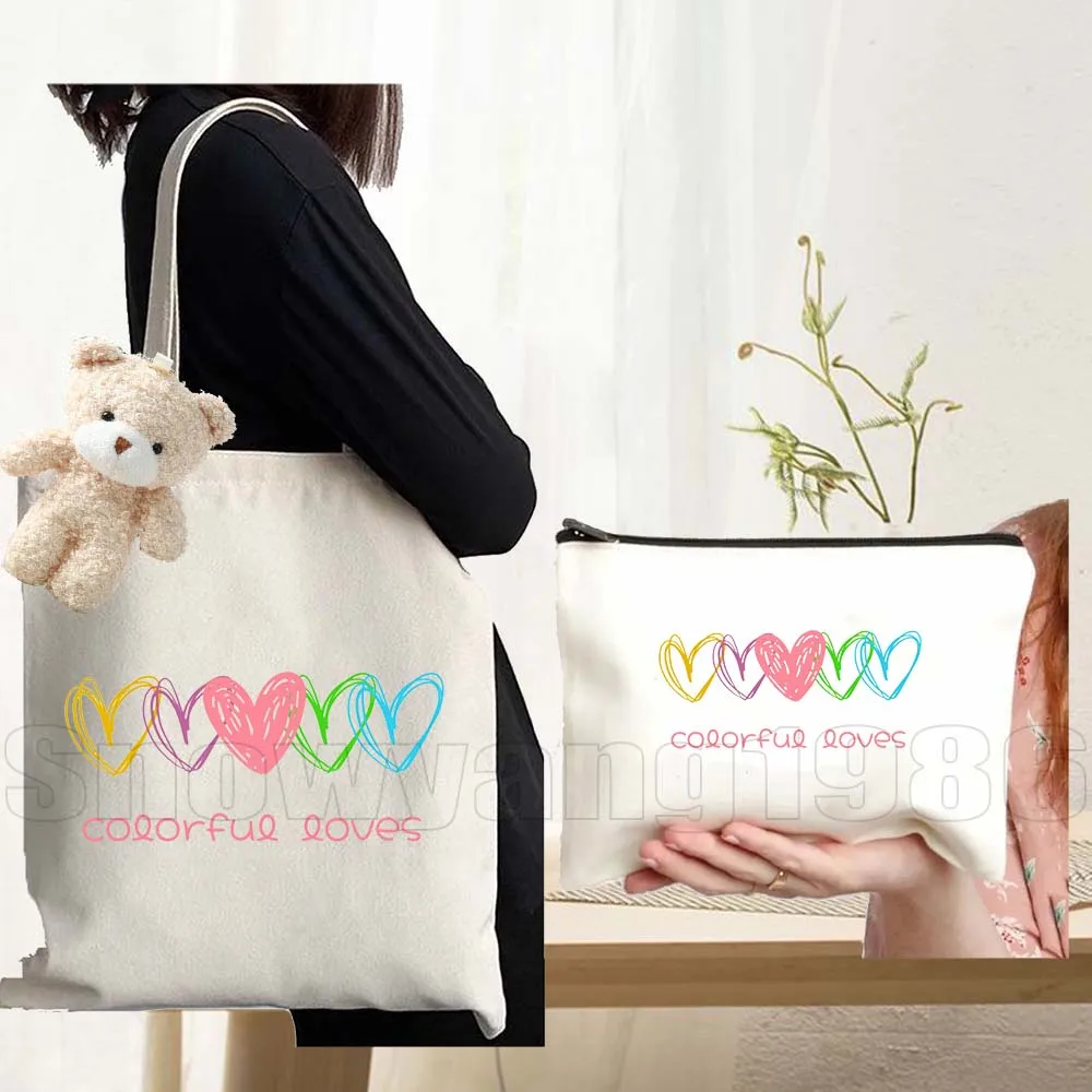 

3pcs COLORFUL LOVES Hearts Rainbow Word Love in Several Languages Large Capacity Durable Canvas Tote Bag Cotton Shopping Handbag