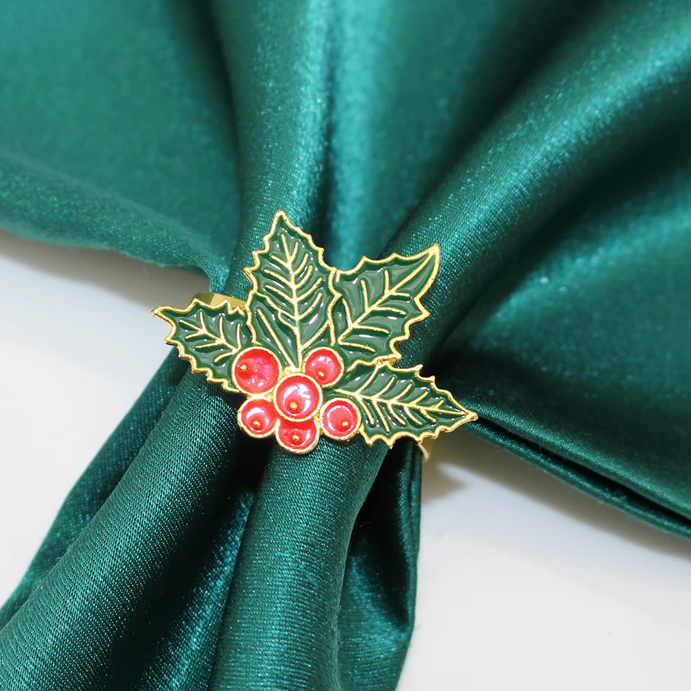 6Pcs Christmas Holly Leaf Napkin Ring Holly Berry Napkin Holder for Party Holiday Home Table Decoration Christmas DIY Decoration