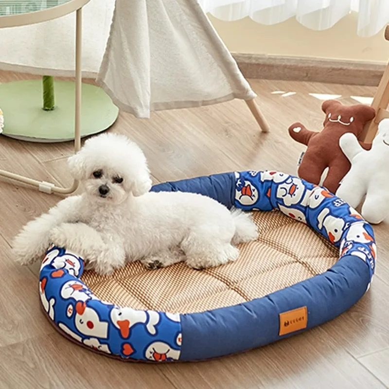 Round Cat Nest Dog Nest Pet Ice Mat Nest Pet Bed Dog Mat House Cartoon Oval Summer Sleeping Nest Bed