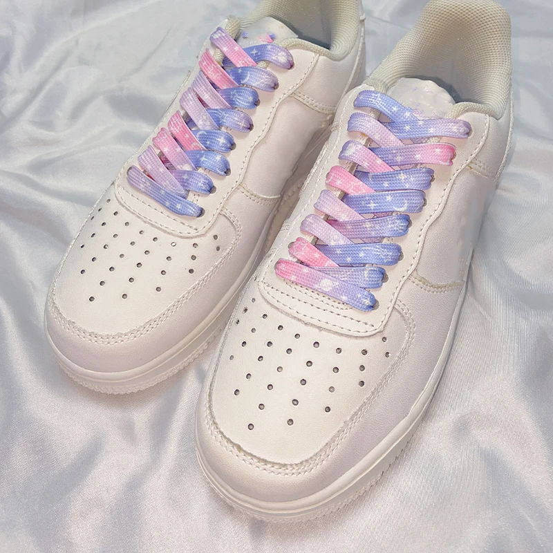 Stars Moon Print Laces for Sneakers AF1/AJ Colorful Gradient Rubber Shoelaces Cosmic Milky Print Shoe Lace for Flat Casual Shoes