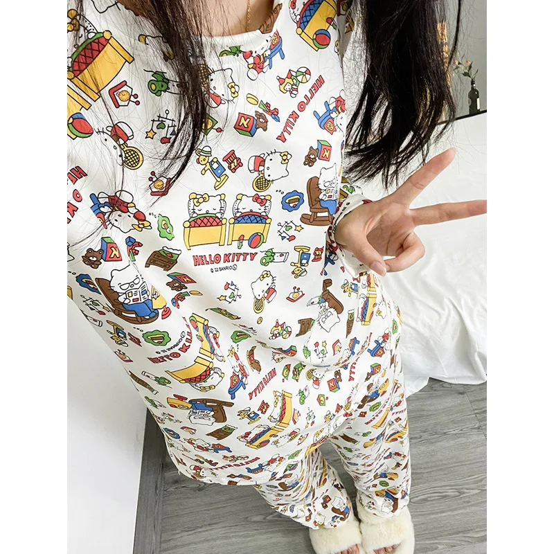 

Ins Sanrio Hello Kittys Spring and Autumn Thin Pajamas Set Cute Cartoon Kitty Long Sleeves Trousers Loose Loungewear Set Gift