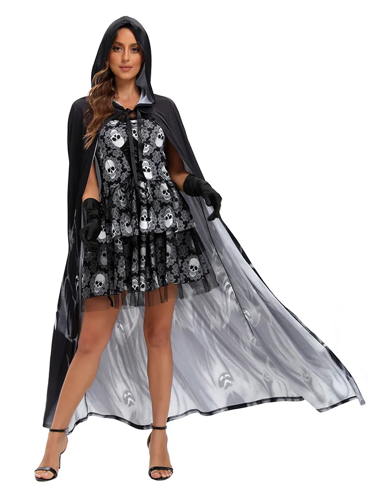 Fato de bruxa de Halloween para mulheres, vestido assustador com capa longa, Horror Death Ghost Cosplay, festa de carnaval, vestido extravagante