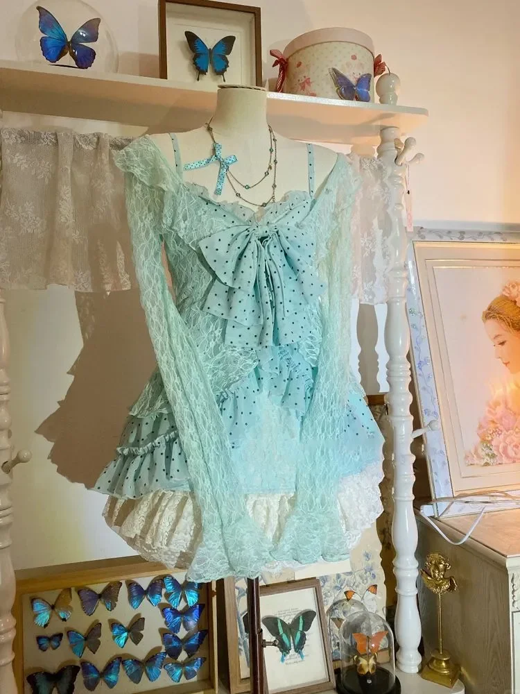 Japanese Sweet Vintage Lace 3 Piece Set Polka Dot Vest + Sheer Lace Cardigan + Fluffy Skirt New Harajuku Chic Lovely Suit Spring view 2