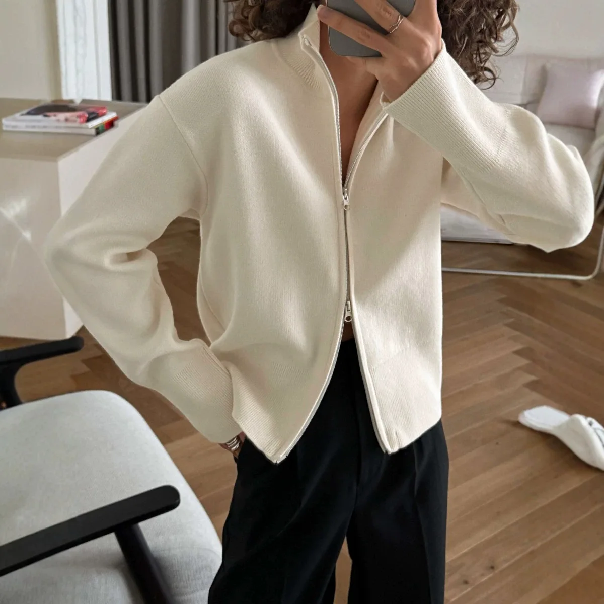 Women Stand Collar Knitted Sweater Coat Zip Design High Quality Real Photo Warm Cardigans Tops For Women Winter Sweater