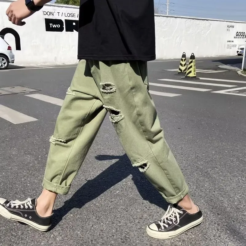 Plones vaqueros ajustados rasgados de moda para hombre, estilo fino de verano, informs, sueltos, de pierna recta, ne...
