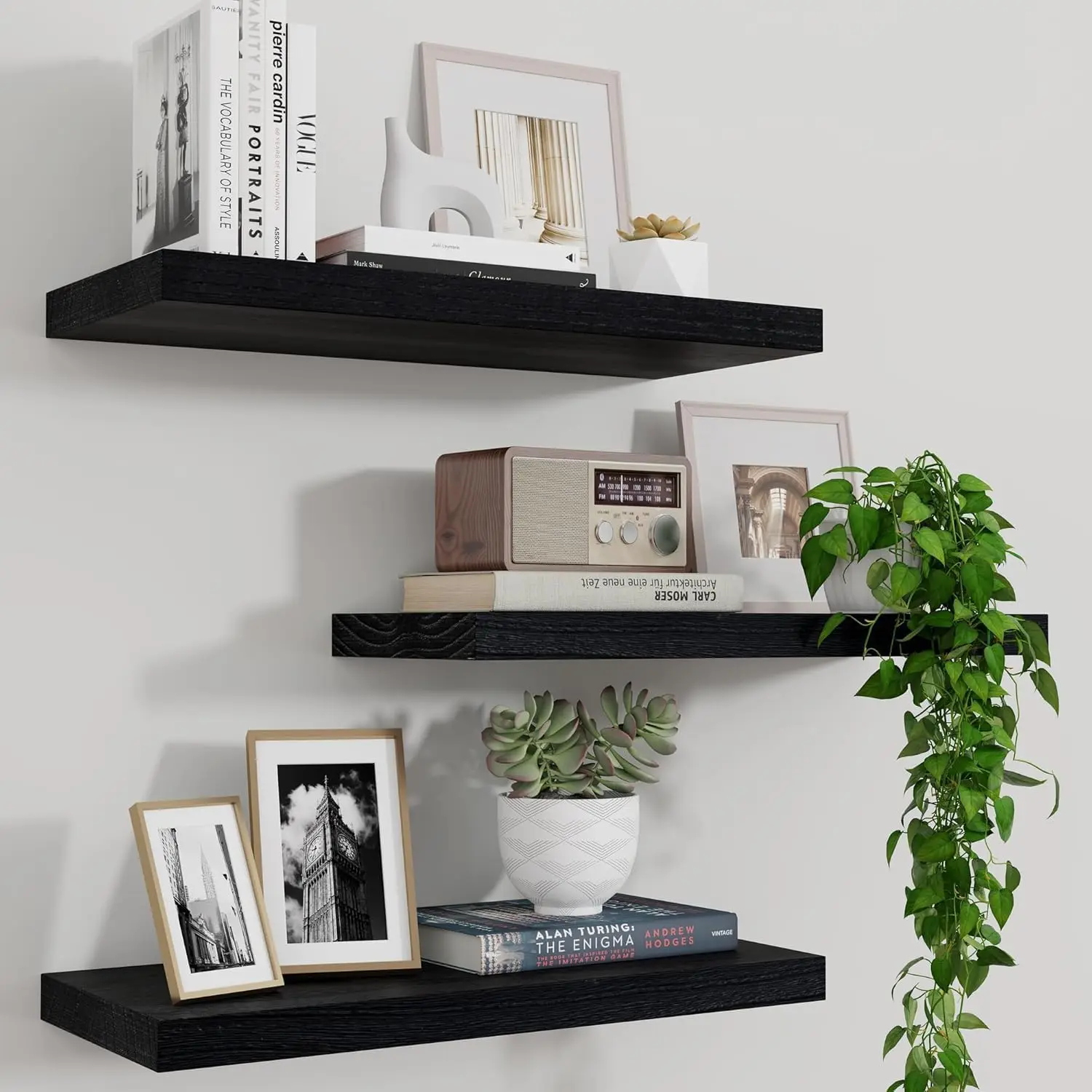 

Wood Floating Shelves for Wall Set of 3, 17 Inch Wide Rustic Wooden Floating Shelves, Invisible Wall Mounted Display fo