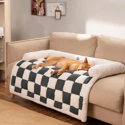 Cream Square Plaid Cozy Dog Mat Furniture Protector Cover Pet Couch Cover Luxury Dog Sofa Protector