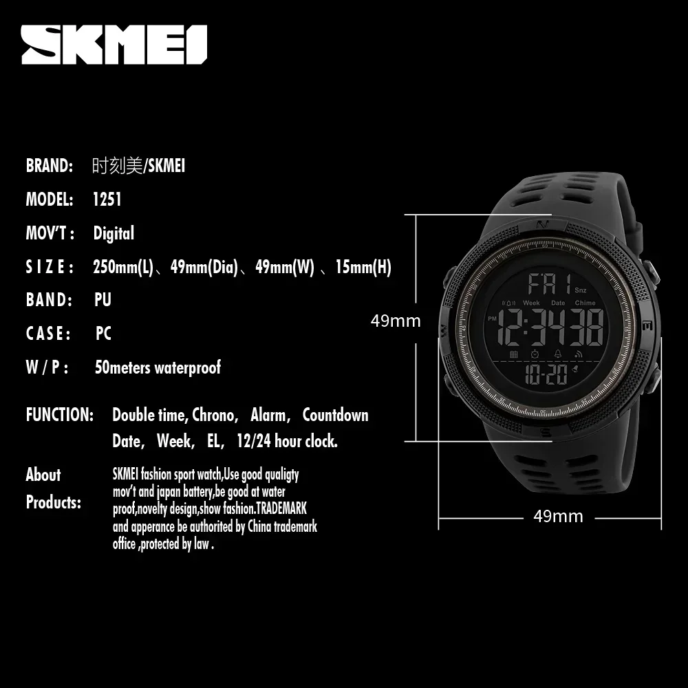 5 PCS/Set SKMEI 1251 Digital Watches for Men Sports Waterproof Countdown Mens Wristwatches Alarm Wholesale relojes para hombre