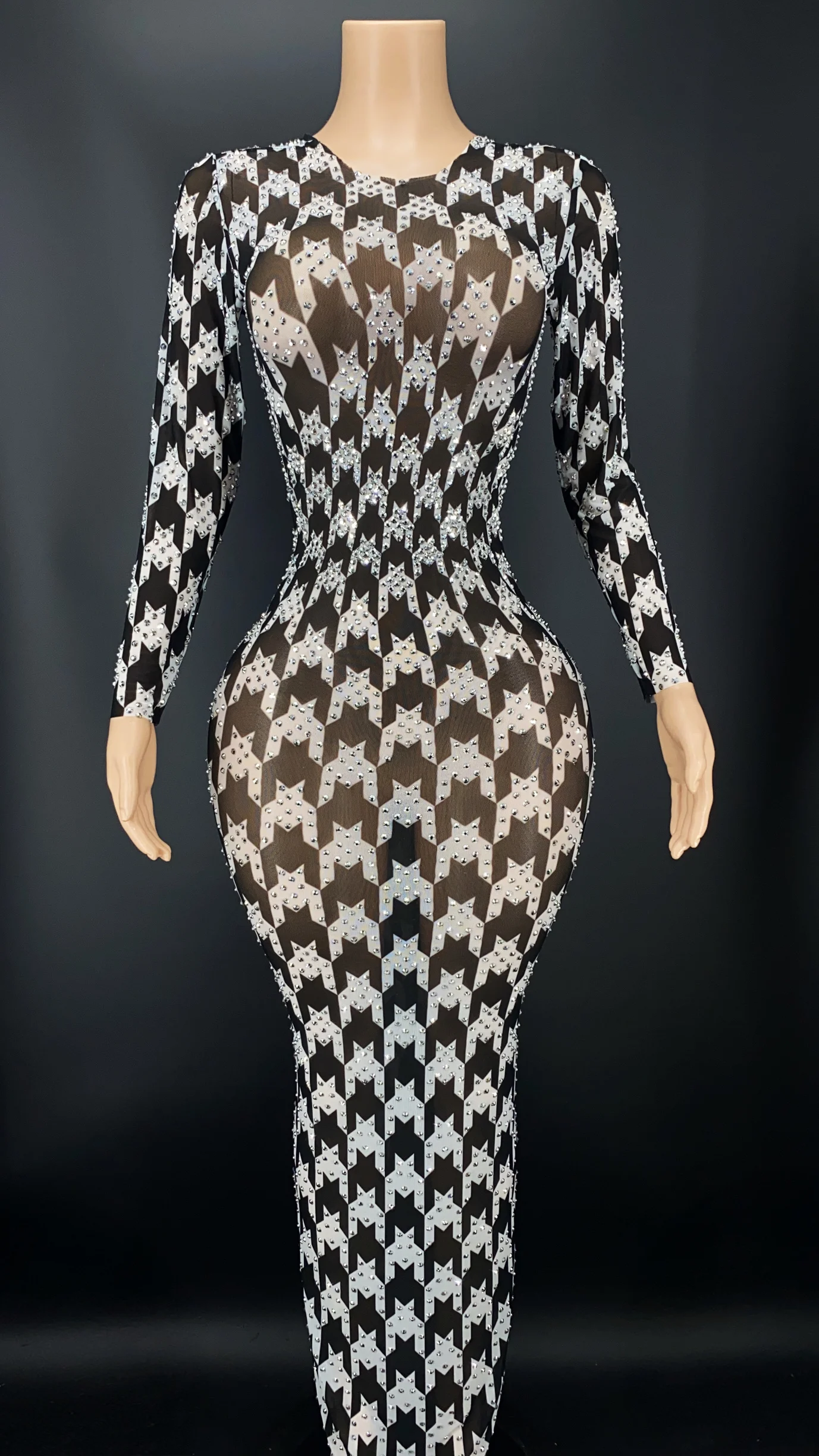 New Fashion Women Houndstooth Floor Length Dresses Birthday Prom Singer Costume